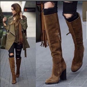 Zara Knee High Block Heel Suede Boots 38